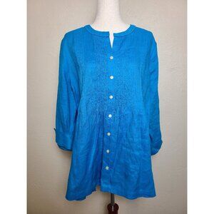Rafaella Long Sleeves Womens Top Blouse Teal Size XL A480 100%Linen